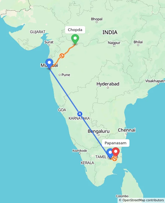 Route map showing distance and travel time from Chopda, India to Papanasam, India