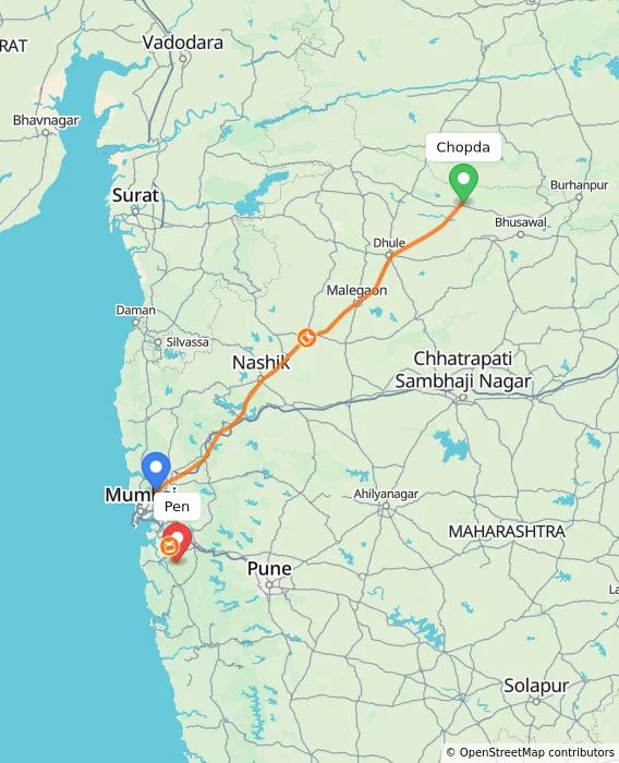 Route map showing distance and travel time from Chopda, India to Pen, India