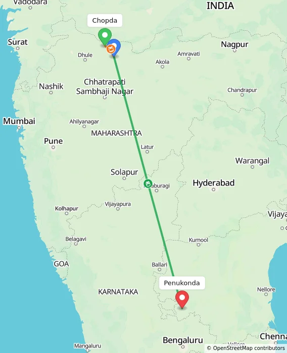 Route map showing distance and travel time from Chopda, India to Penukonda, India