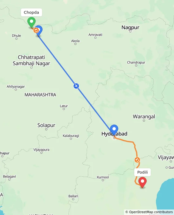 Route map showing distance and travel time from Chopda, India to Podili, India