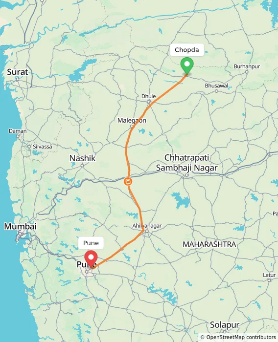 Route map showing distance and travel time from Chopda, India to Pune, India