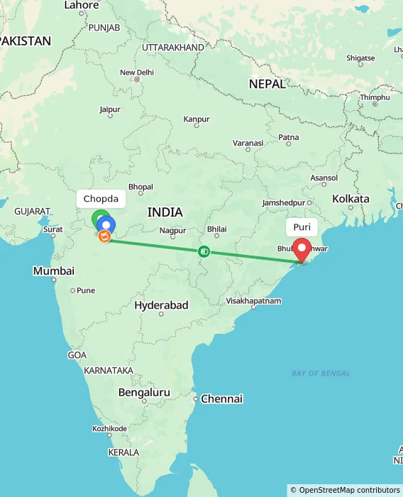 Route map showing distance and travel time from Chopda, India to Puri, India
