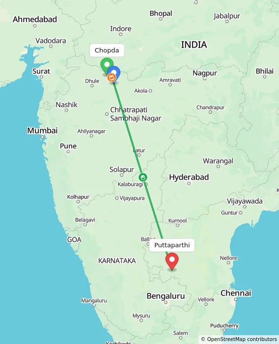Route map showing distance and travel time from Chopda, India to Puttaparthi, India