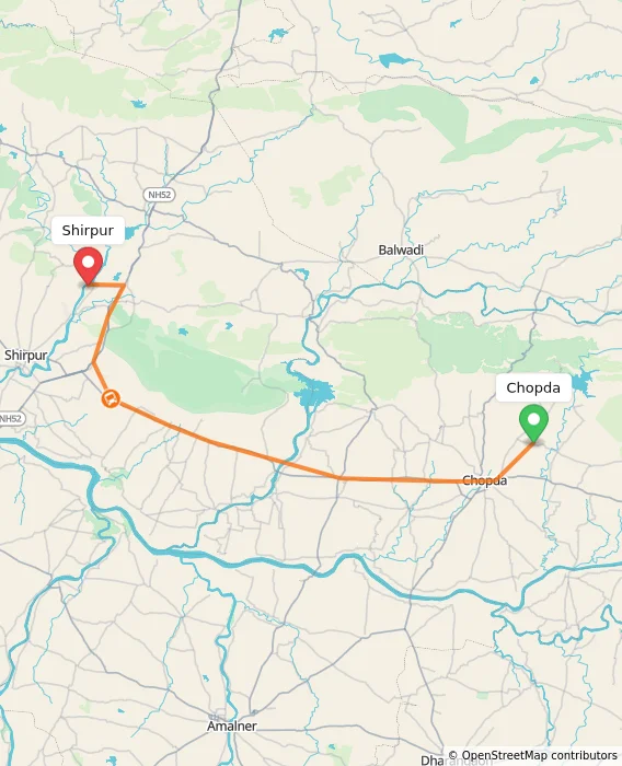 Route map showing distance and travel time from Chopda, India to Shirpur, India