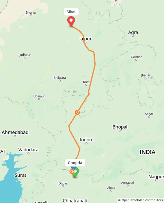 Route map showing distance and travel time from Chopda, India to Sikar, India