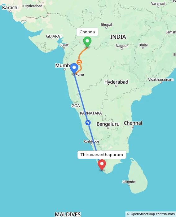Route map showing distance and travel time from Chopda, India to Thiruvananthapuram, India