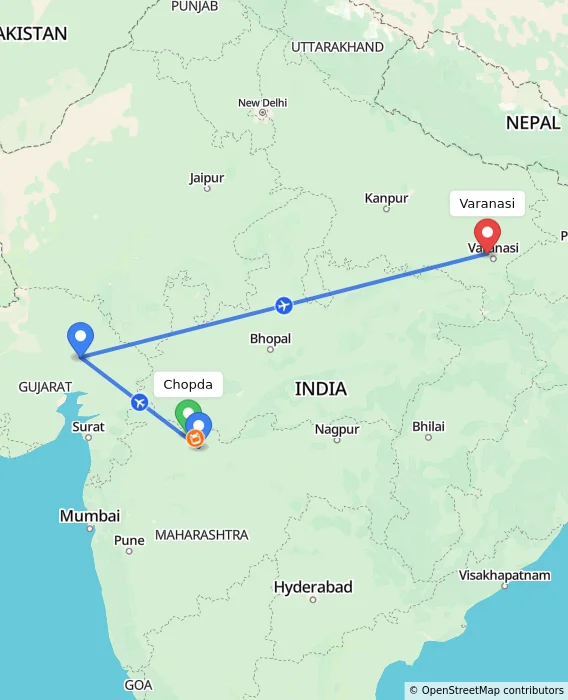 Route map showing distance and travel time from Chopda, India to Varanasi, India