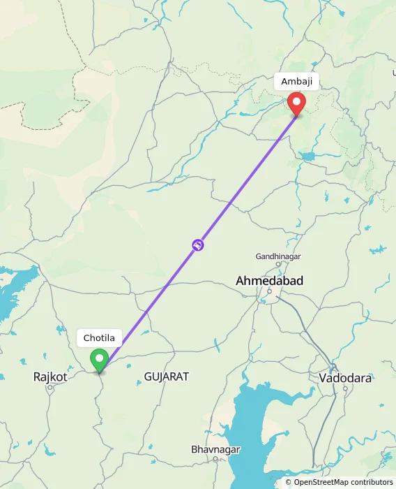 Route map showing distance and travel time from Chotila, India to Ambaji, India