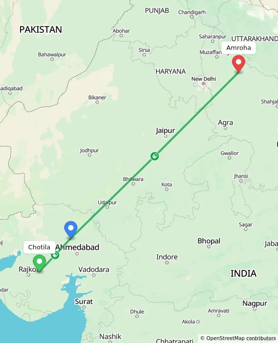 Route map showing distance and travel time from Chotila, India to Amroha, India