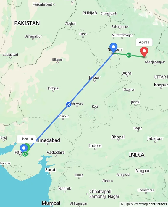 Route map showing distance and travel time from Chotila, India to Aonla, India