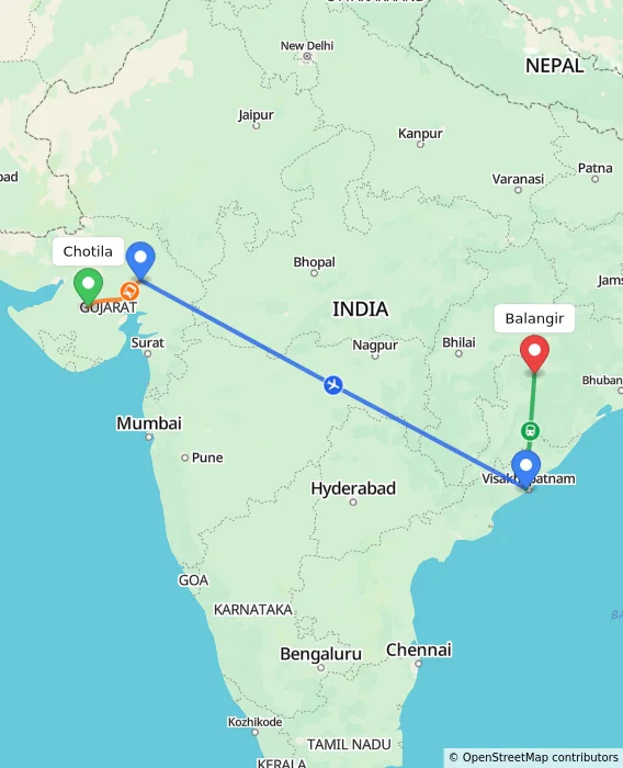 Route map showing distance and travel time from Chotila, India to Balangir, India