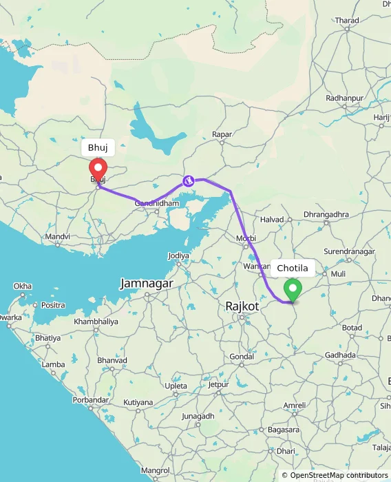 Route map showing distance and travel time from Chotila, India to Bhuj, India