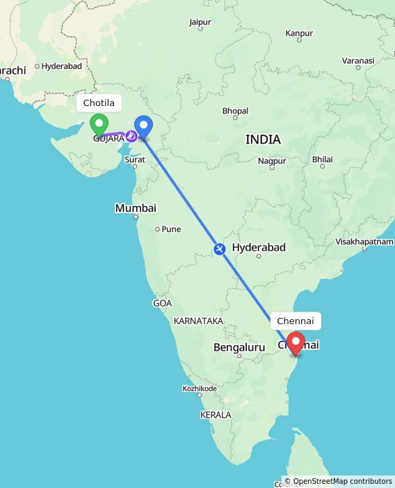 Route map showing distance and travel time from Chotila, India to Chennai, India