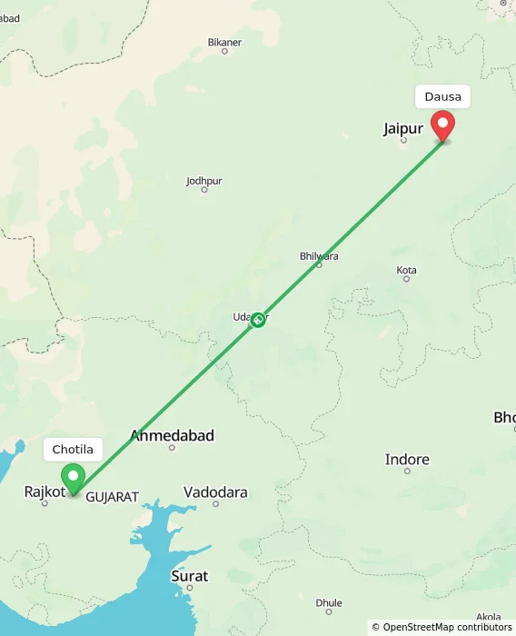 Route map showing distance and travel time from Chotila, India to Dausa, India