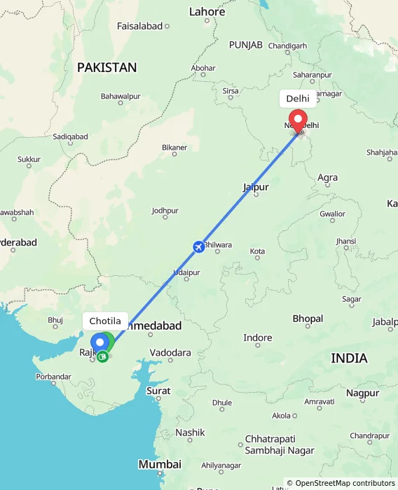 Route map showing distance and travel time from Chotila, India to Delhi, India
