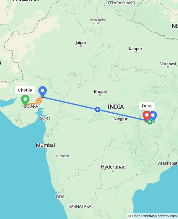 Route map showing distance and travel time from Chotila, India to Durg, India