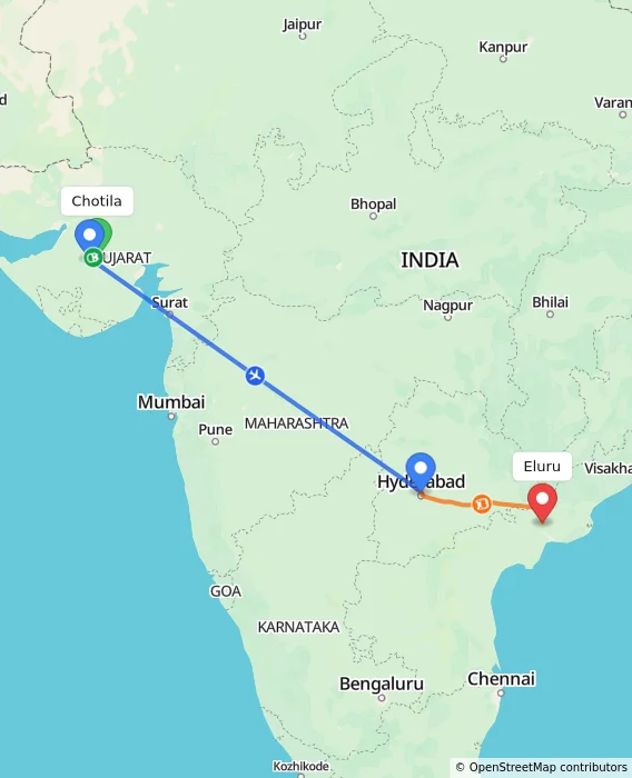 Route map showing distance and travel time from Chotila, India to Eluru, India