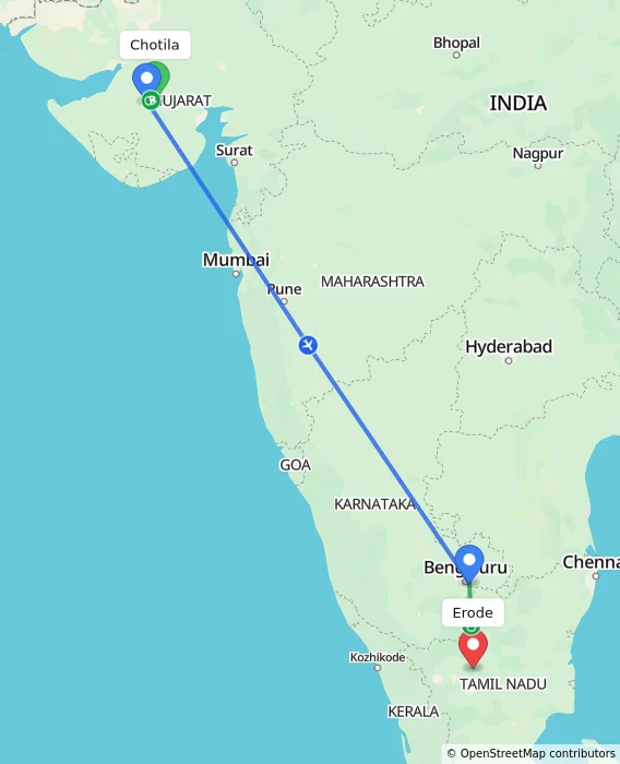 Route map showing distance and travel time from Chotila, India to Erode, India