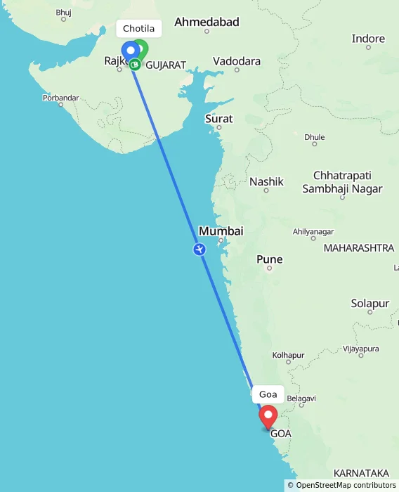 Route map showing distance and travel time from Chotila, India to Goa, India