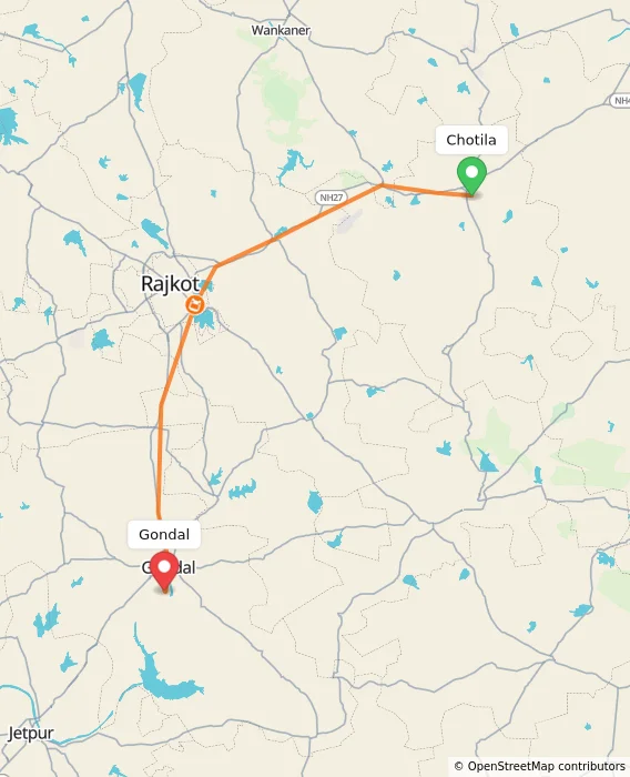 Route map showing distance and travel time from Chotila, India to Gondal, India