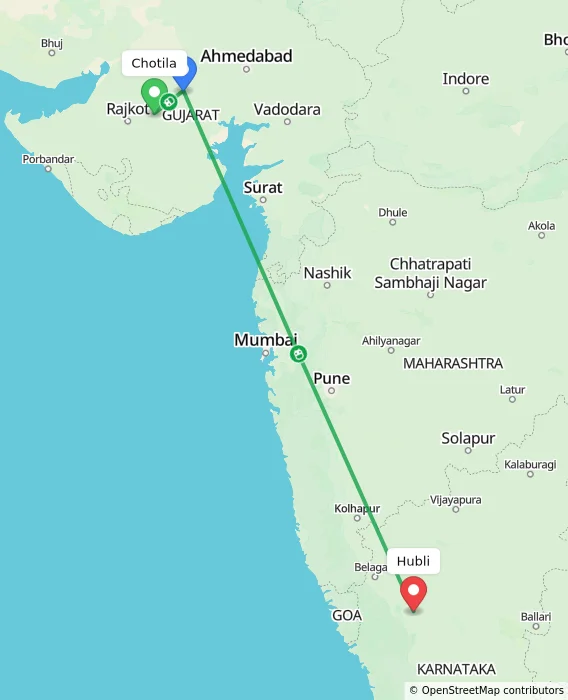 Route map showing distance and travel time from Chotila, India to Hubli, India