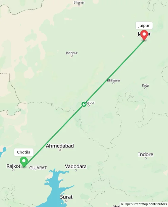 Route map showing distance and travel time from Chotila, India to Jaipur, India
