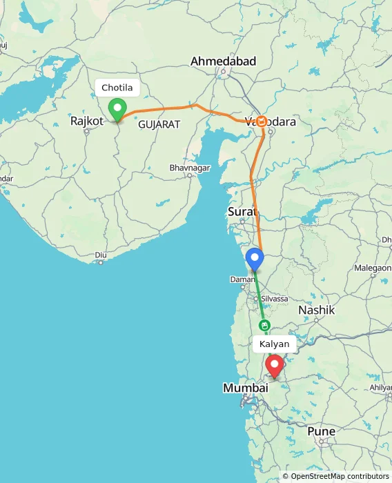 Route map showing distance and travel time from Chotila, India to Kalyan, India