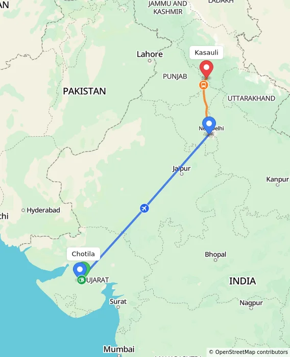 Route map showing distance and travel time from Chotila, India to Kasauli, India
