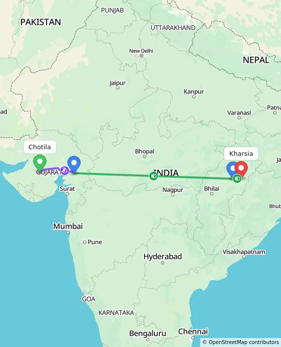 Route map showing distance and travel time from Chotila, India to Kharsia, India
