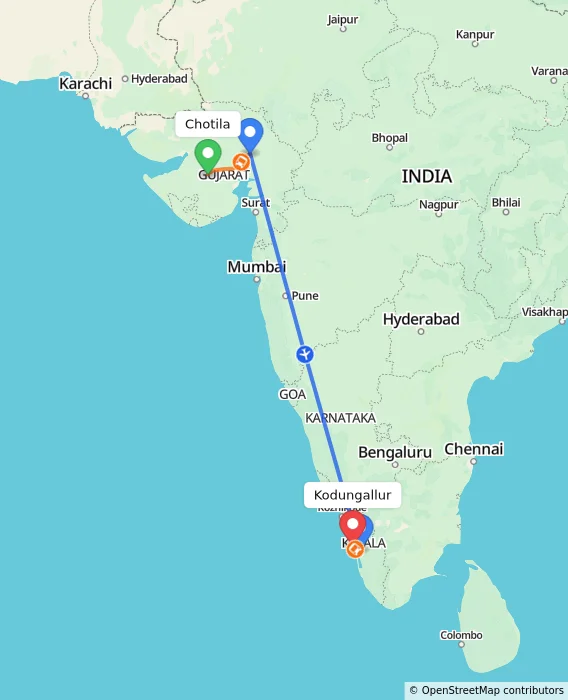 Route map showing distance and travel time from Chotila, India to Kodungallur, India