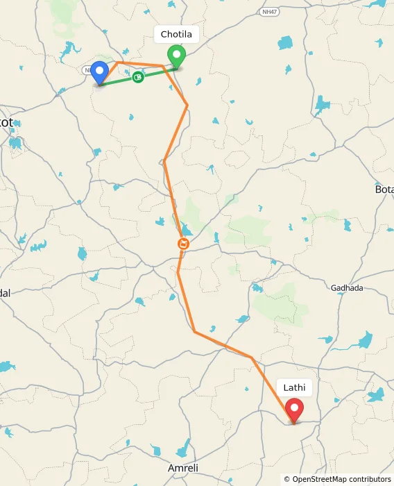Route map showing distance and travel time from Chotila, India to Lathi, India