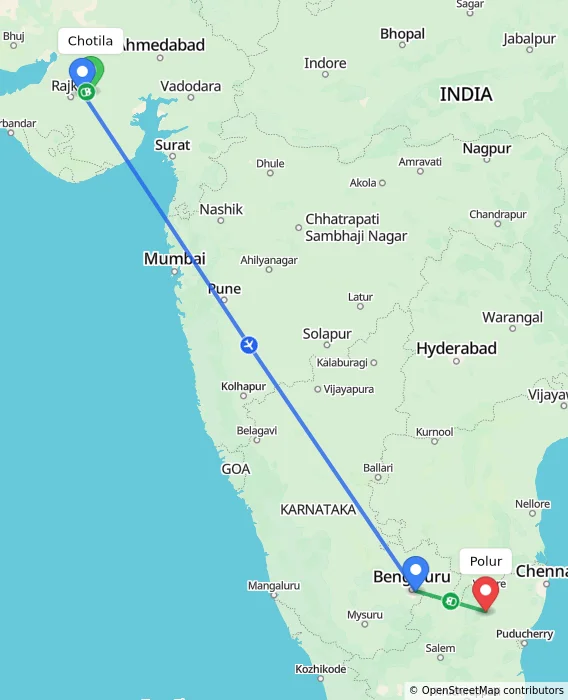 Route map showing distance and travel time from Chotila, India to Polur, India