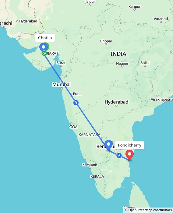 Route map showing distance and travel time from Chotila, India to Pondicherry, India