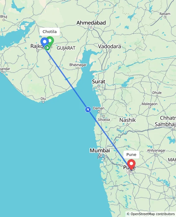Route map showing distance and travel time from Chotila, India to Pune, India