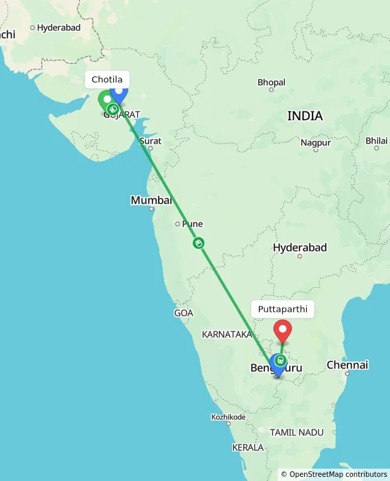Route map showing distance and travel time from Chotila, India to Puttaparthi, India