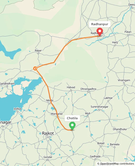 Route map showing distance and travel time from Chotila, India to Radhanpur, India