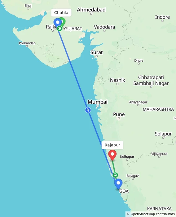 Route map showing distance and travel time from Chotila, India to Rajapur, India