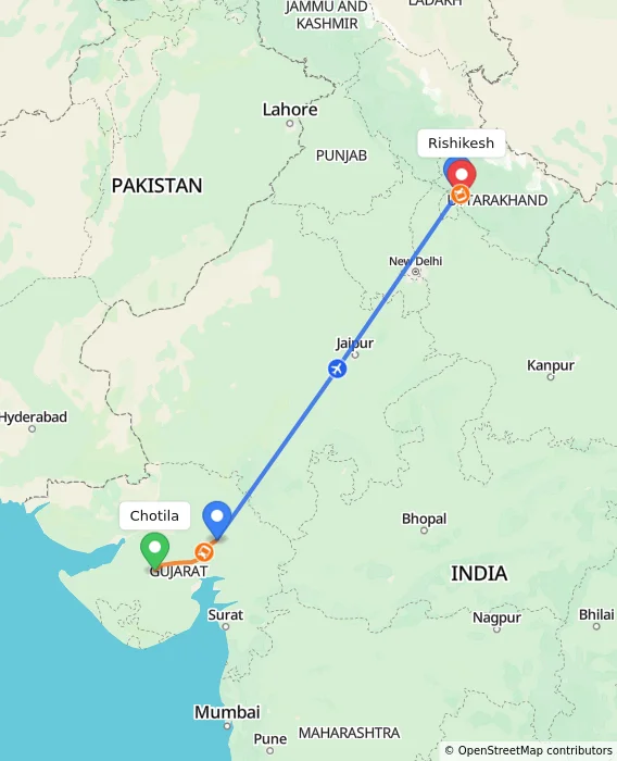 Route map showing distance and travel time from Chotila, India to Rishikesh, India