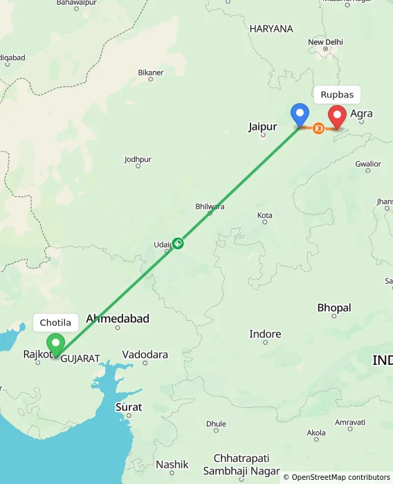 Route map showing distance and travel time from Chotila, India to Rupbas, India