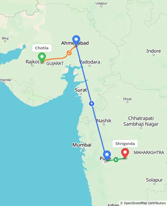 Route map showing distance and travel time from Chotila, India to Shrigonda, India
