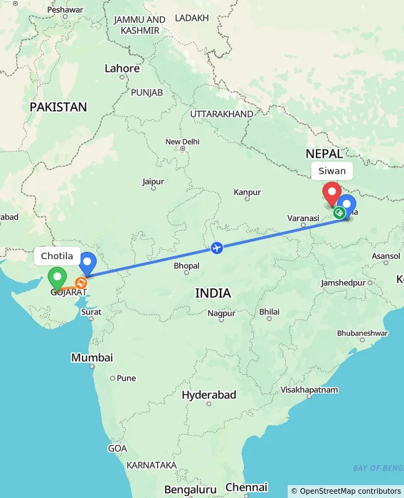 Route map showing distance and travel time from Chotila, India to Siwan, India