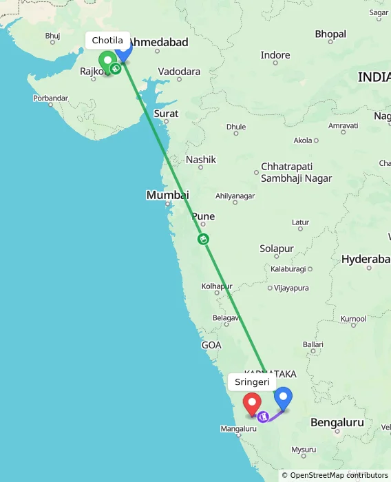 Route map showing distance and travel time from Chotila, India to Sringeri, India