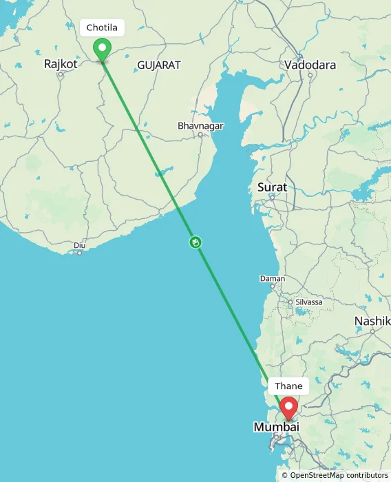 Route map showing distance and travel time from Chotila, India to Thane, India