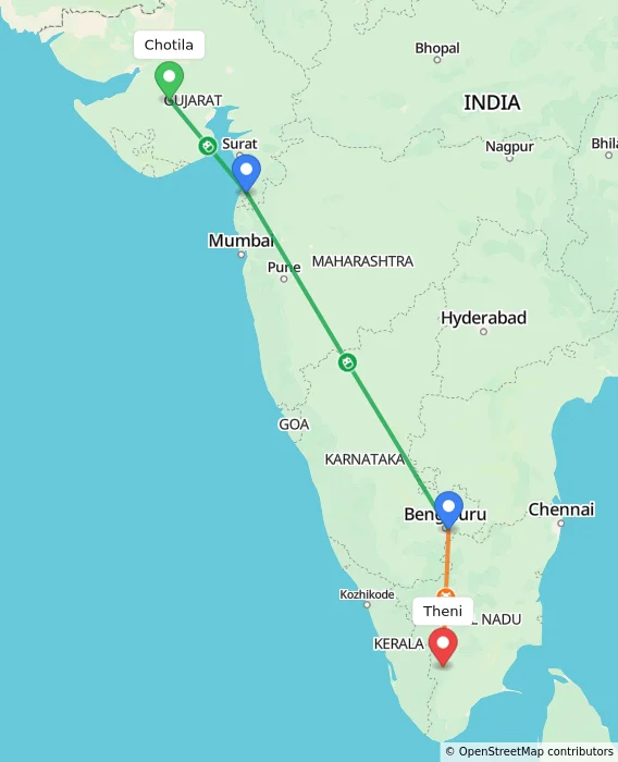 Route map showing distance and travel time from Chotila, India to Theni, India