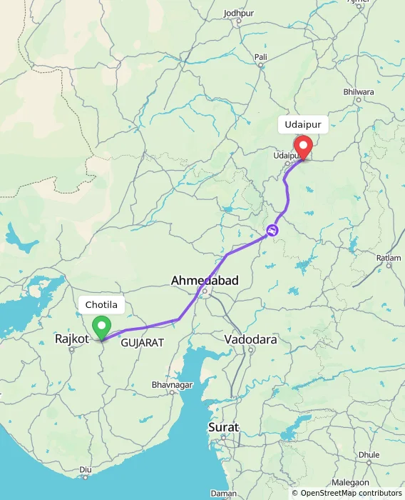Route map showing distance and travel time from Chotila, India to Udaipur, India
