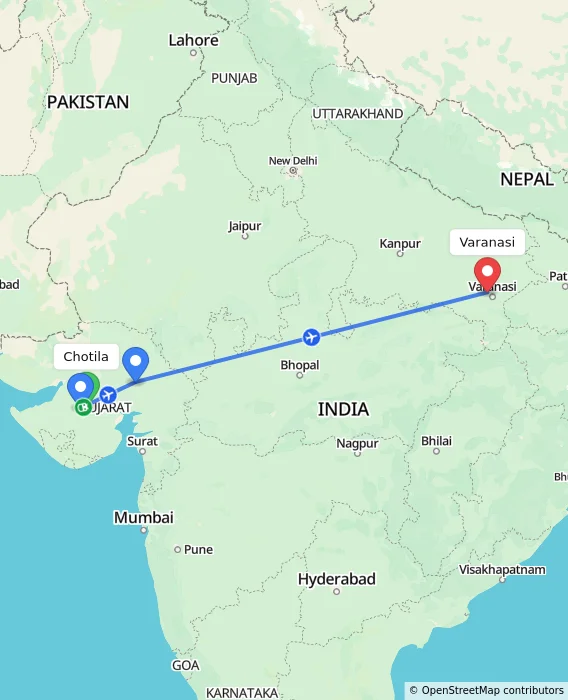 Route map showing distance and travel time from Chotila, India to Varanasi, India