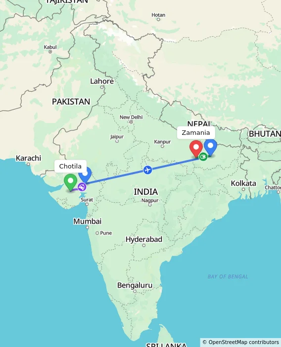 Route map showing distance and travel time from Chotila, India to Zamania, India
