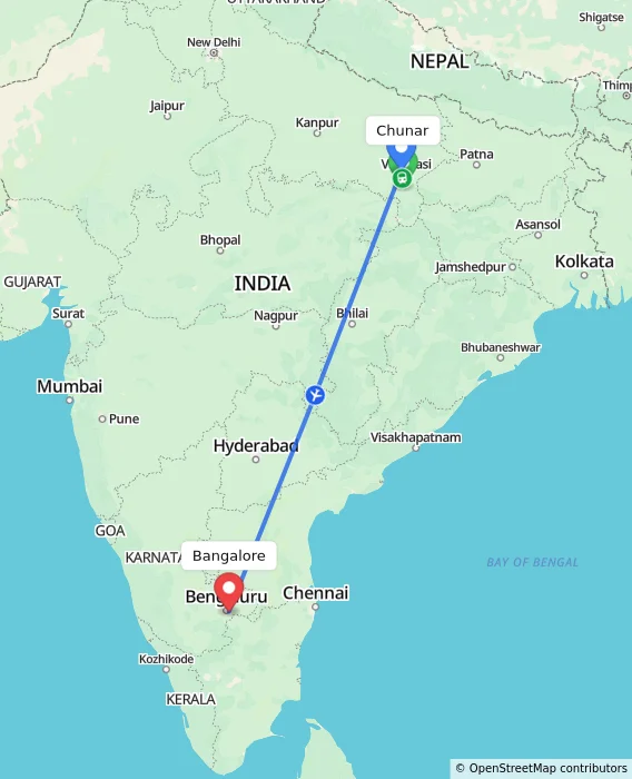 Route map showing distance and travel time from Chunar, India to Bangalore, India