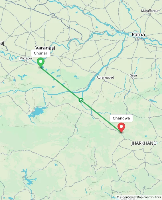 Route map showing distance and travel time from Chunar, India to Chandwa, India