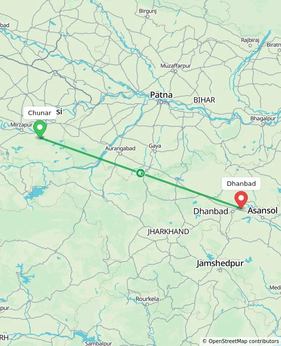 Route map showing distance and travel time from Chunar, India to Dhanbad, India